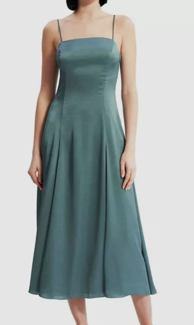 $495 Theory Women's Green Crushed Satin Circle Skirt Midi Dress Size 8