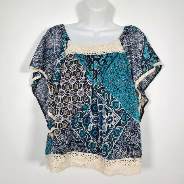 Wrangler Womens Top Size Small Western Boho Crochet Kimono Style Sheer Sleeve