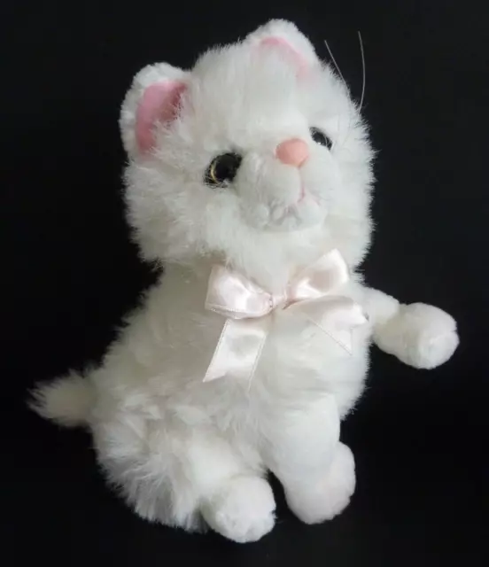 D77. DOUDOU PELUCHE GIPSY CHAT blanc oreille nez et noeud rose 25cm assis - TTBE
