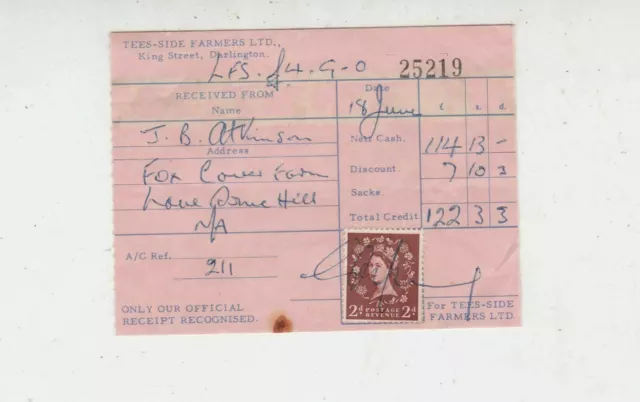 Tee-Side Farmers Ltd King Street Darlington Stamp Receipt Ref 37924