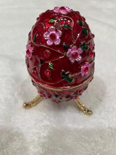 Red and Pink Flowers Egg Hand Painted Bejeweled Hinged Trinket Jewelry Box