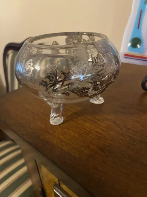 Vintage Clear Glass With Silver Overlay Footed Bowl