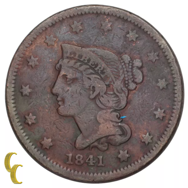 1841 Braided Hair Large Cent 1C Penny (Fine F+ Condition)