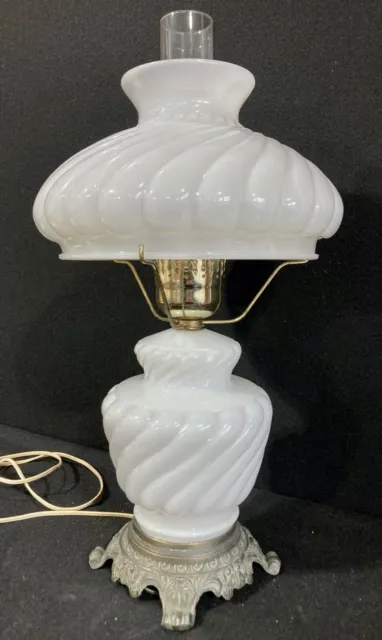 VINTAGE 20" HURRICANE LAMP 3 WAY SWIRL MILK GLASS  Very Good Condition