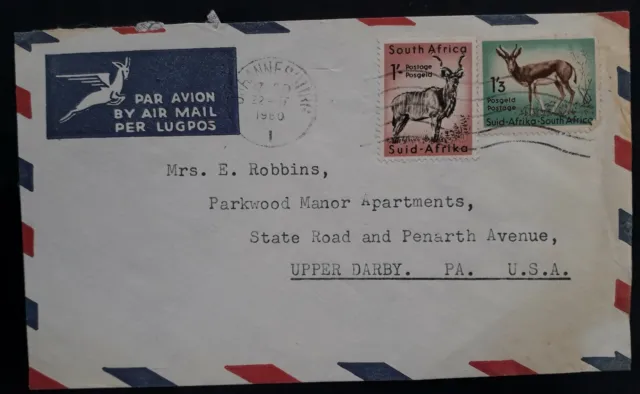 1960 South Africa Airmail Cover ties 2 stamps cancelled Johannesburg