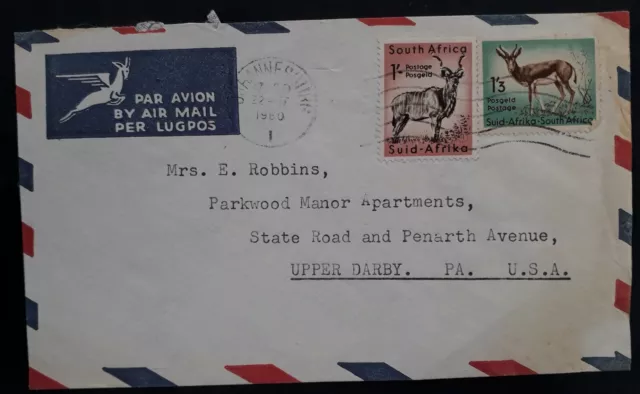 1960 South Africa Airmail Cover ties 2 stamps cancelled Johannesburg