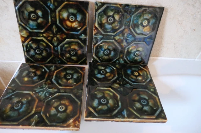 Set Of 4 Art Nouveau Brown,Green,Blue Majolica Tiles - 4 Octagon +Flowers Design