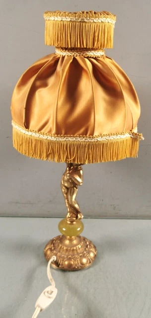 LAMPE de Chevet pied BRONZE Dore Onyx Abat-Jour TISSU decor Angelot Lamp Art P