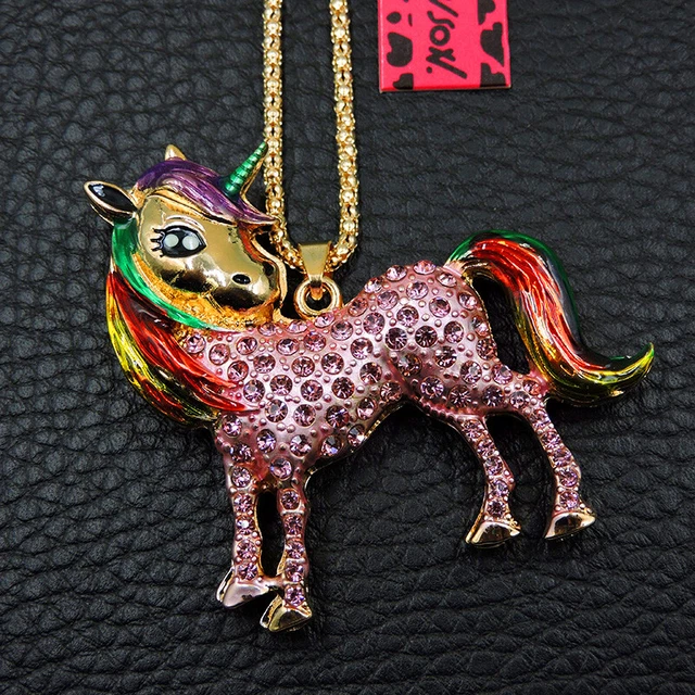 New Betsey Johnson Cute Bling Horse Pink Crystal Pendant Chain Necklace