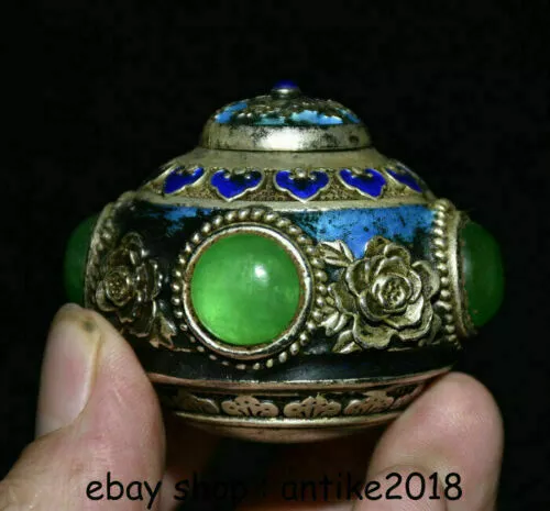 2.2" Old China Enamel Silver inlay Green Jade Gem Dynasty Palace Flower Tank Jar