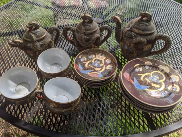 Vintage Otani Hand Painted Tea Set 24 Piece Dragonware Japan (Satsuma Moriage)