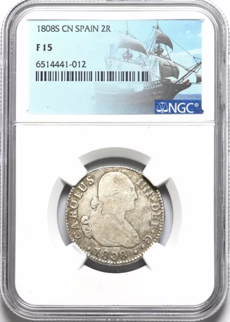 COLONIAL ERA SPAIN. Charles IV Silver 2 Reales, 1808, NGC F15