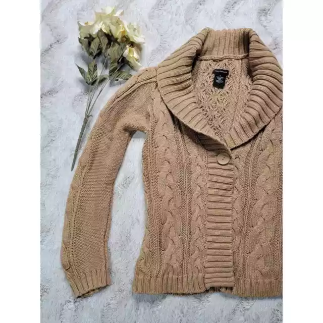 Calvin Klein Tan Mocha Cable Crochet Knit Shawl Collar Cardigan Sweater Size M 3