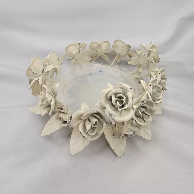 Vintage Metal White Rose Basket Taper Candle Holder Votive 5"W x 3"H