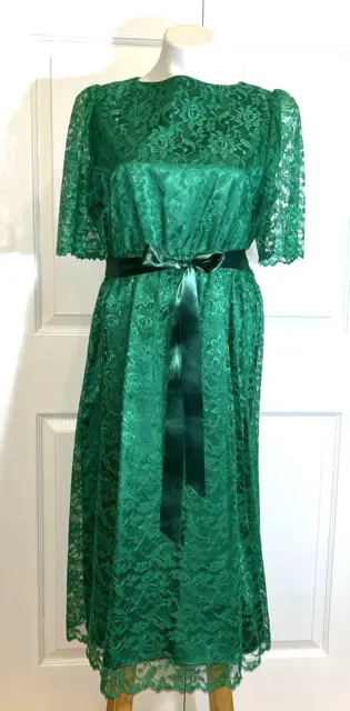 Handmade Vintage Dress Emerald Green Lace Over Satin Short Sleeve Formal Sz M/L