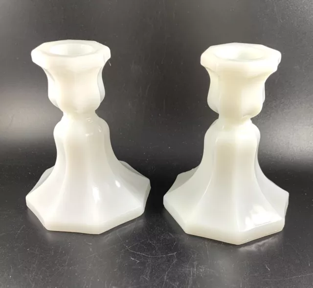 Vintage Pair of White Milk Glass Candle Holders Octagonal Base Mid Century