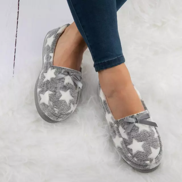 The Slipper Company Womens Slippers Grey Adults Ladies Moccasin Star Print Lyla
