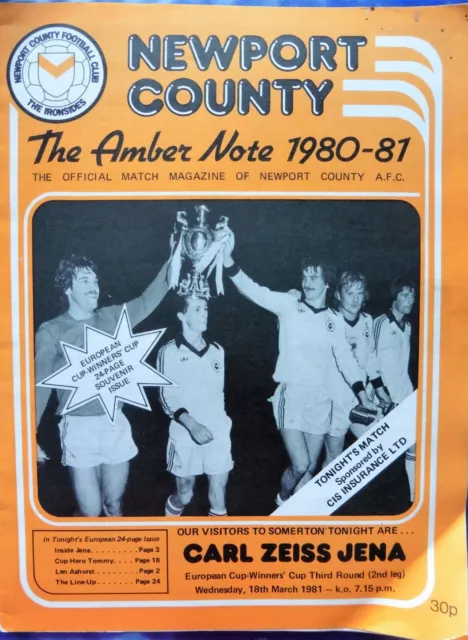 Newport County V Carl Zeiss Jena 18/3/1981 European Cup Winners Cup - 3Rd Rd 2Lg