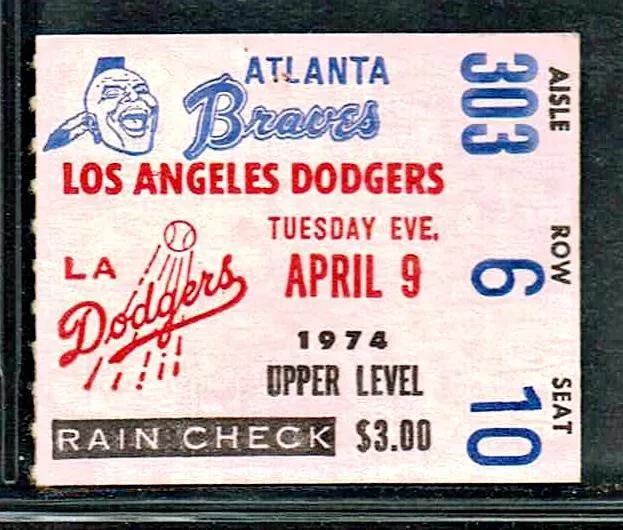 1974 Baseball Ticket Braves Dodgers Sutton Win Day After Hank Aaron Passes Ruth!