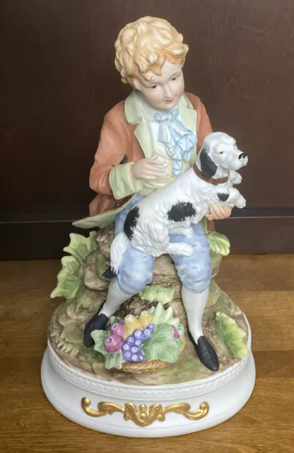 Vintage Napco Boy Holding Springer Spaniel Hand Painted Japan 10.25” X 6.5”