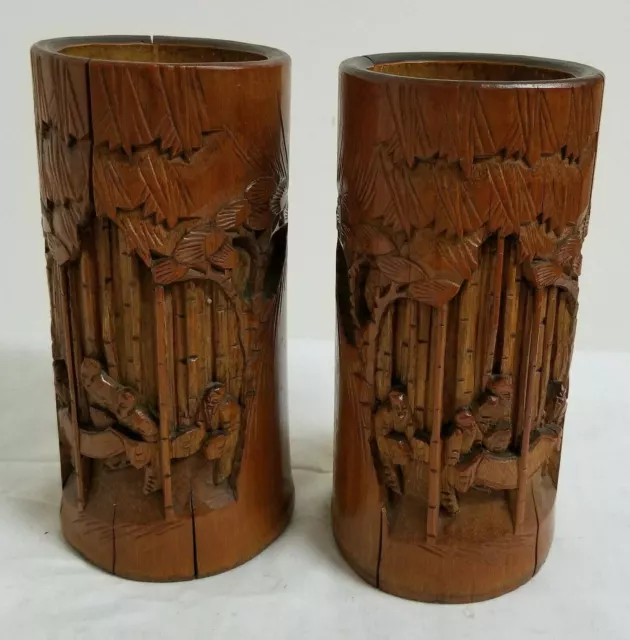 Antique Pair Chinese Carved Bamboo Brushpots Bitong Scholar Scenes Splitting