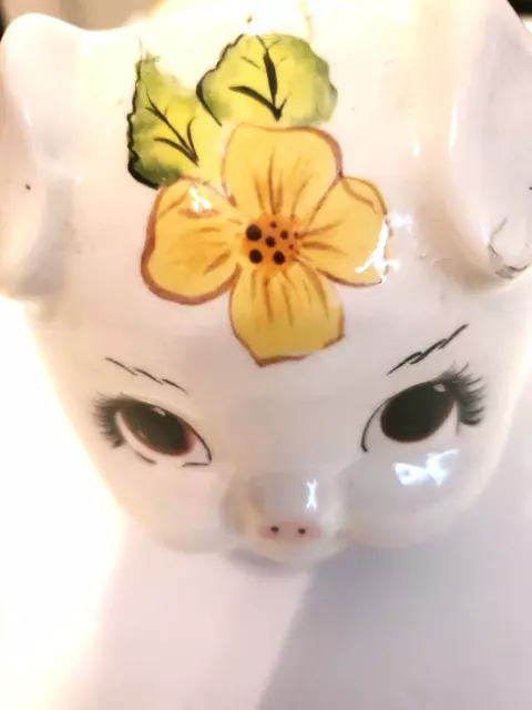 Vintage 6” Ceramic Hand Painted - Signed Flowers White Piggy Pig Coin Bank