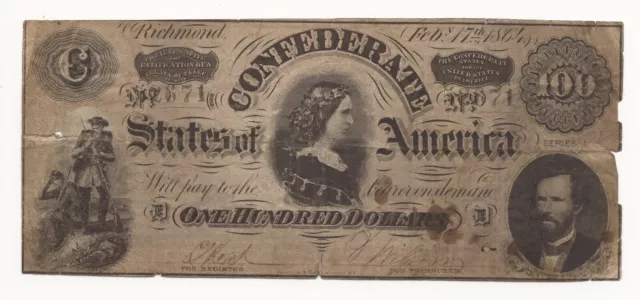 1864 $100 Dollar Bill Confederate States of America CSA C Note #52671 ZNN