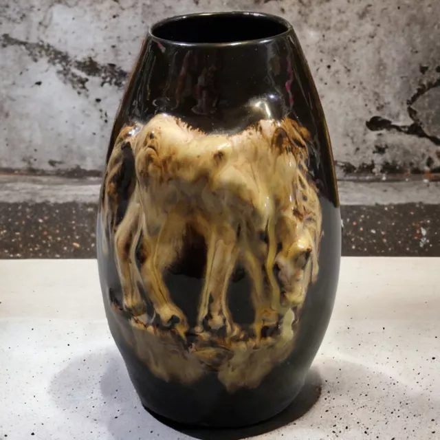 Ca. 1925 American Art Deco Brown Glazed Redware Raised Relief Horse Motifs Vase