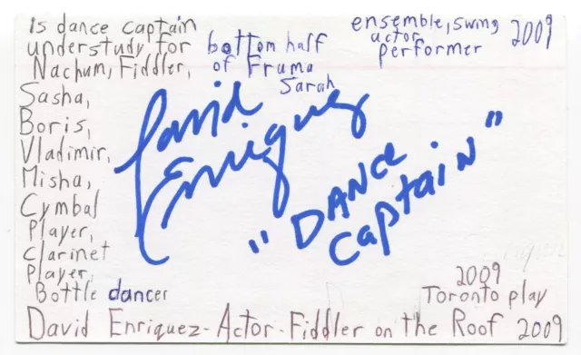 David Enriquez Signed 3x5 Index Card Autograph Actor Fiddler on the Roof