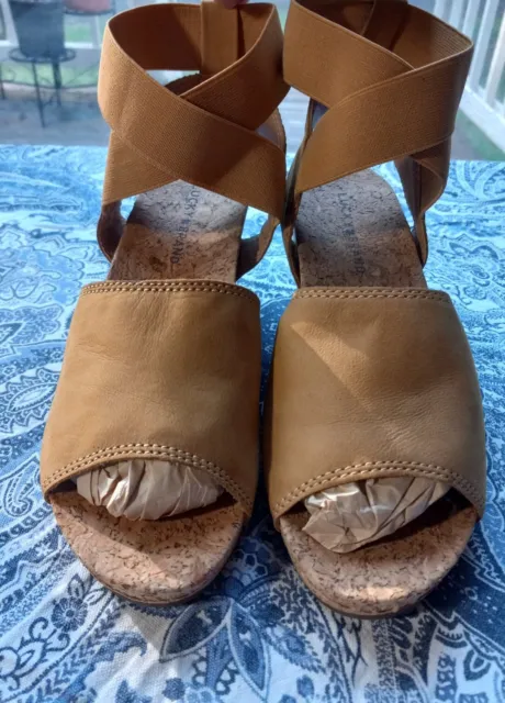 Lucky Brand Kyla Leather Ankle Wrap Cork Wedge Suede Sandals