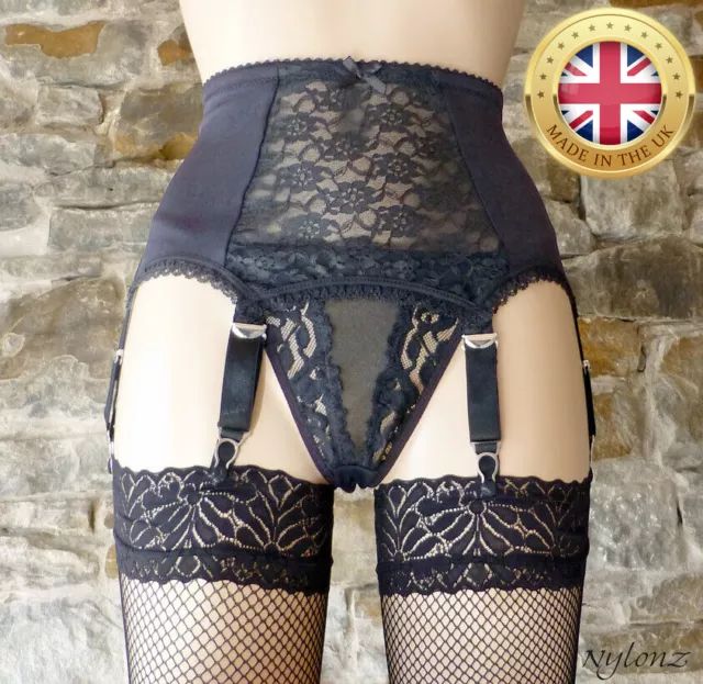 6 Strap Luxury Lace Panel Suspender Belt Black (Garter Belt) NYLONZ UK