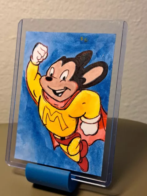 aceo original artcard acrylics Ink "Mighty Mouse" (OOAK) Signed BY ARTIST