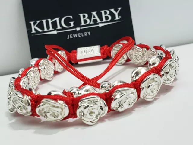 King Baby Studio Silvertone Roses Red  Macrame Bracelet. Adjusable 2