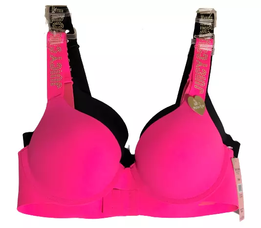 JUICY COUTURE 34C Sexy Push Up Bra 2PK Bold Pink + Black Gold Studded Straps NWT