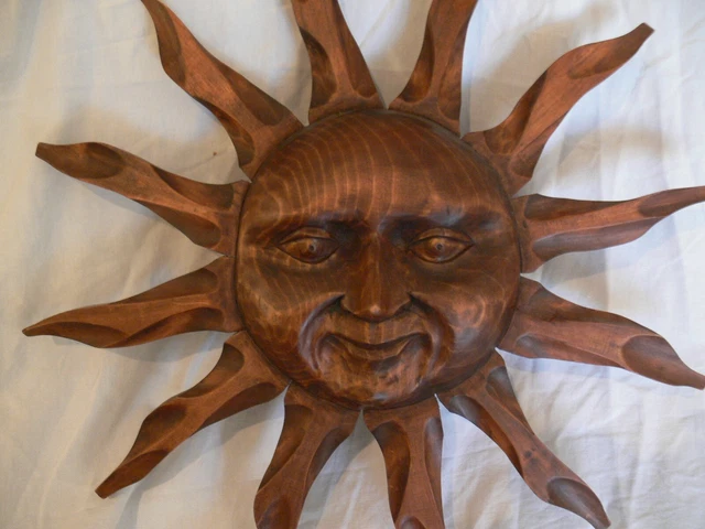 Solid Wood Hand Carved Sun with Face wall hanging Statue Folk Art Signed 20 X 20