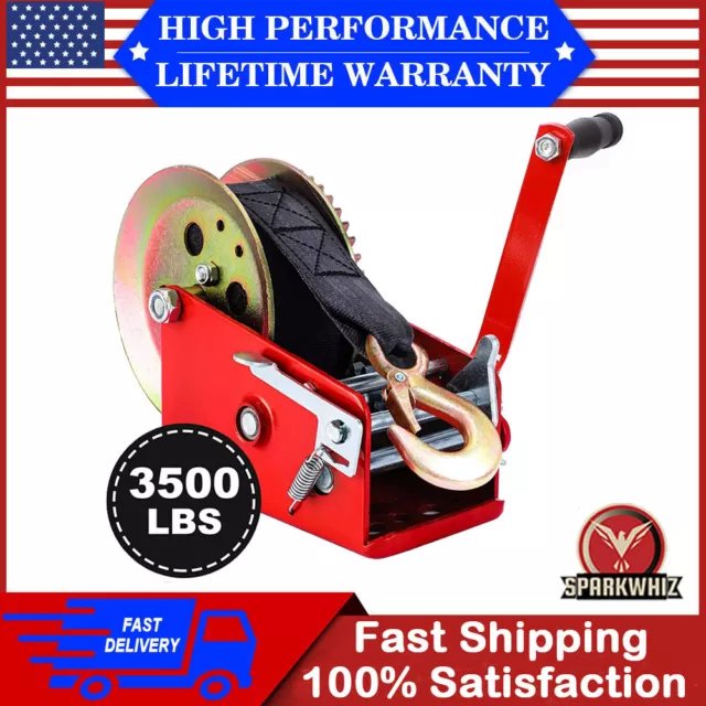 Heavy Duty 3500LBS Hand Winch Hand Crank 2 Gear Nylon Strap ATV Trailer Boat USA