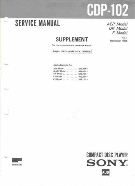Sony Original Service Manual  hier: Supplement Mechanism Change für CDP- 102