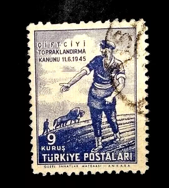 🟩 TURKEY -    1946 Agrarian Reform    -   9 Kurus   USED