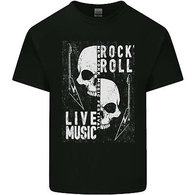 Rock n Roll Live Music Skull Guitar Mens Cotton T-Shirt Tee Top