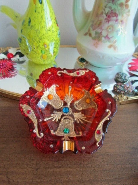 Vintage Red Art Glass Crystal Cut Small Ashtray Bowl Gold Gilded Applique Decor