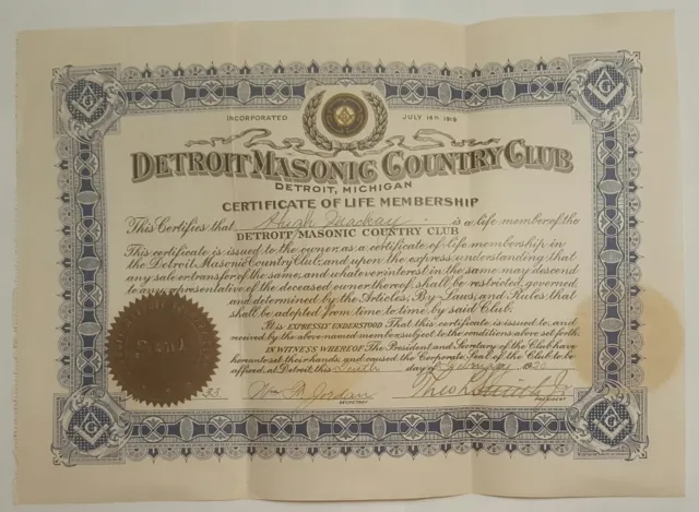 1920 Detroit Masonic Country Club Lifetime Membership Certificate