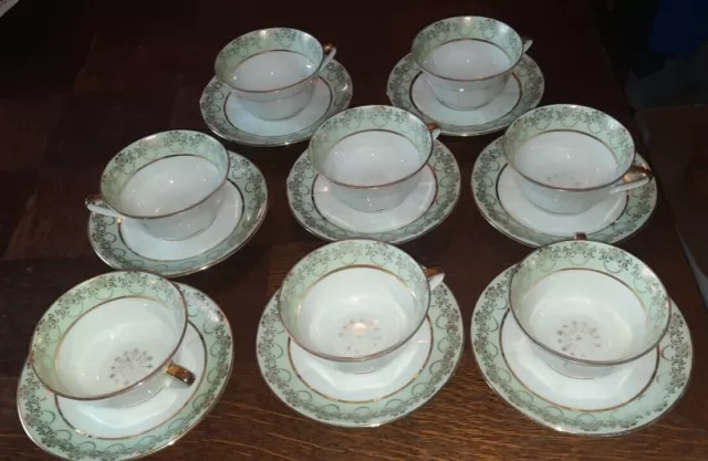 ensemble à café limoges porcelaine 8 tasses et sous tasses décor fleurs vert