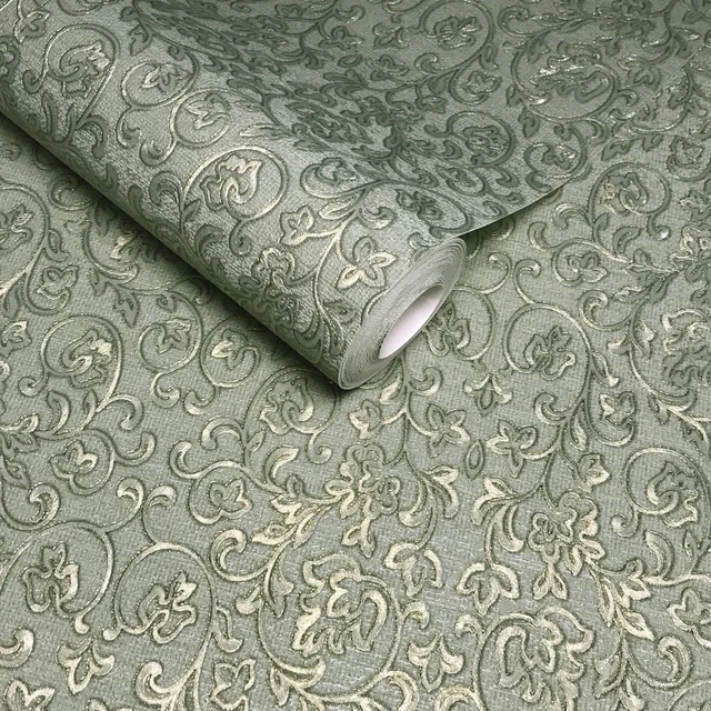 EMBOSSED WALLPAPER TEXTURED victorian modern damask green metallic gold