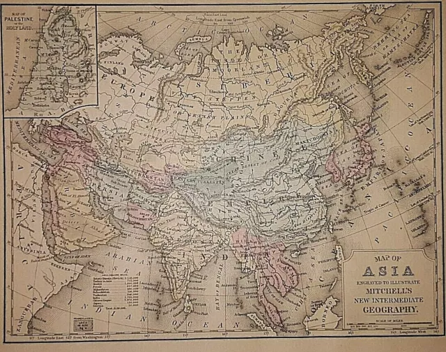 1883 S.A. Mitchell's Geography Map ~ ASIA - INDIA - ARABIA - SIBERIA - NIPPON