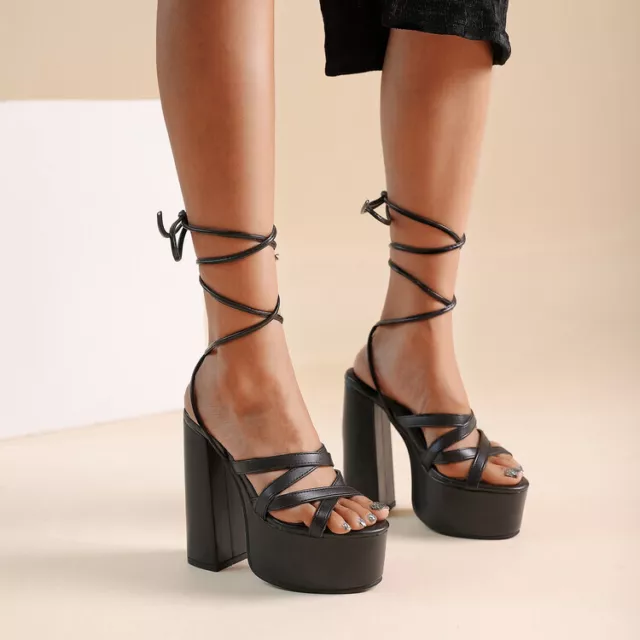 Women Lace Up Leg Wrap Sandals Ankle Strap Gladiator Shoes Platform Block Heel