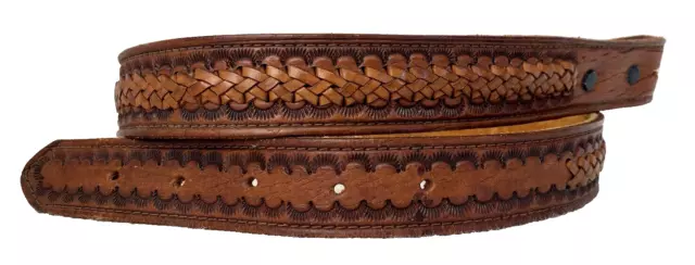 Hand Tooled Woven Weave Pattern Brown Leather Western Style Belt Strap Size 36