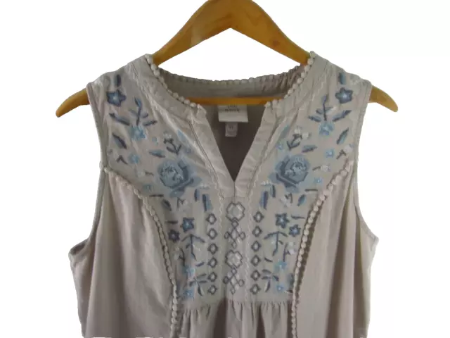 Knox Rose Womens XL Beige Blue Embroidered Linen Blend Peasant Boho Sleeveless