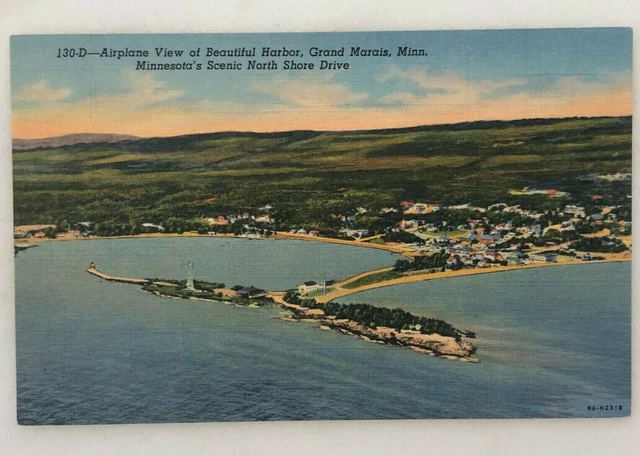 1939 GRAND MARAIS Minnesota AIRPLANE VIEW North Shore Postcard Vintage Linen