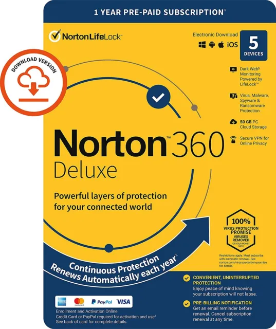 Norton 360 Deluxe 2024 5 dispositivos 1 año VPN segura 5 minutos entrega por correo electrónico Reino Unido UE