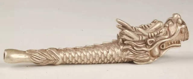 Chinese Tibetan Silver Hand-carved Dragon Smoking Pipe